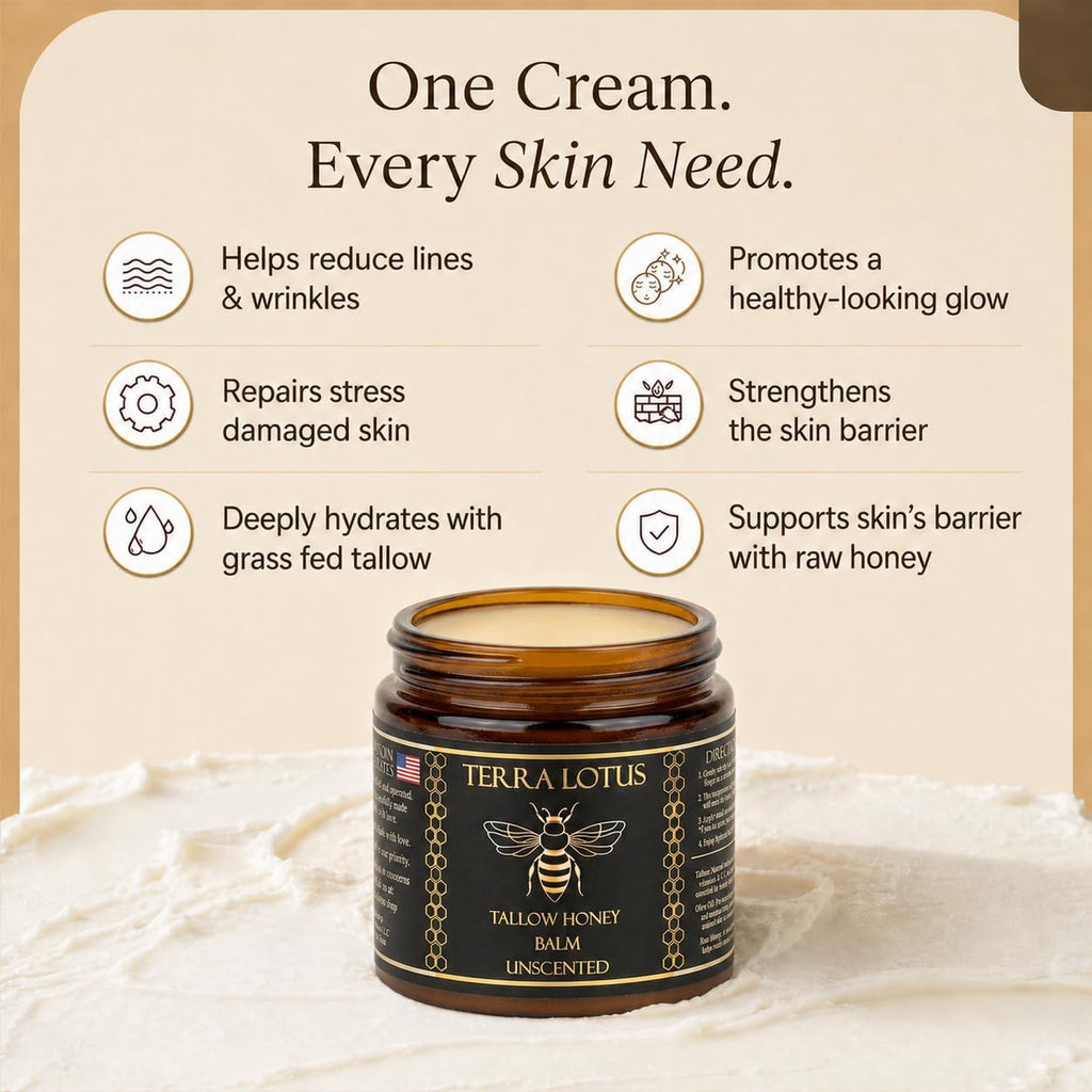 Terra Lotus - Organic Grass-Fed Beef Tallow Balm with Raw Honey - Moisturizing Cream - Handmade All-Natural Moisturizer (2 Oz, Unscented)