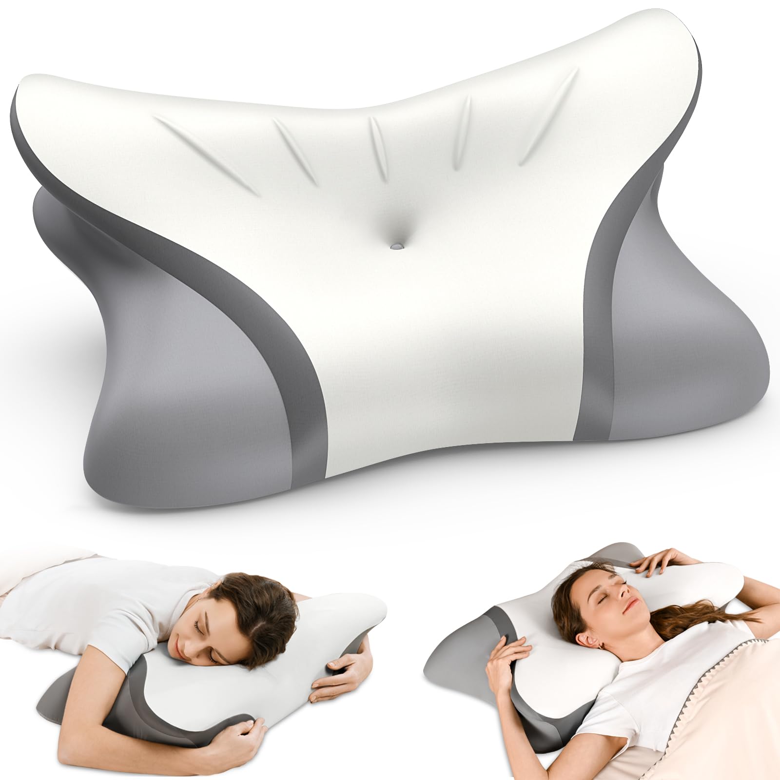 Pain Relief Cervical Neck Pillow, Ergonomic Contour | Q-Max Cooling | Non-Temperature Memory Foam | Side/Back/Stomach Sleeper Support for Sleeping, Reading, Scrolling (Light Grey & Dark Grey)