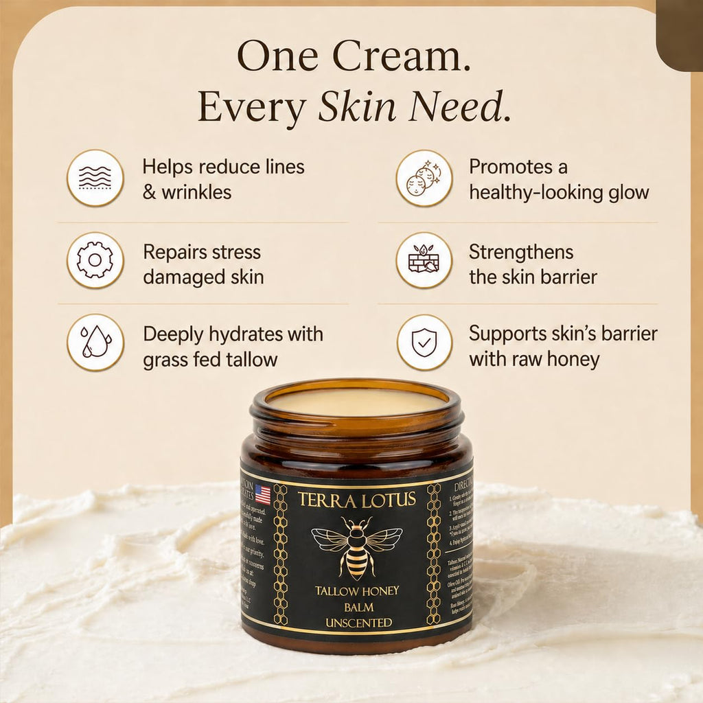Terra Lotus - Organic Grass-Fed Beef Tallow Balm with Raw Honey - Moisturizing Cream - Handmade All-Natural Moisturizer (2 Oz, Unscented)