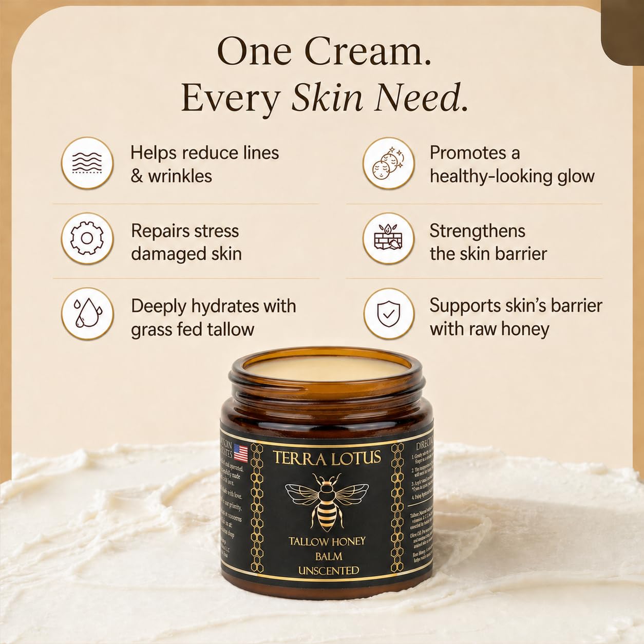 Terra Lotus - Organic Grass-Fed Beef Tallow Balm with Raw Honey - Moisturizing Cream - Handmade All-Natural Moisturizer (2 Oz, Unscented)
