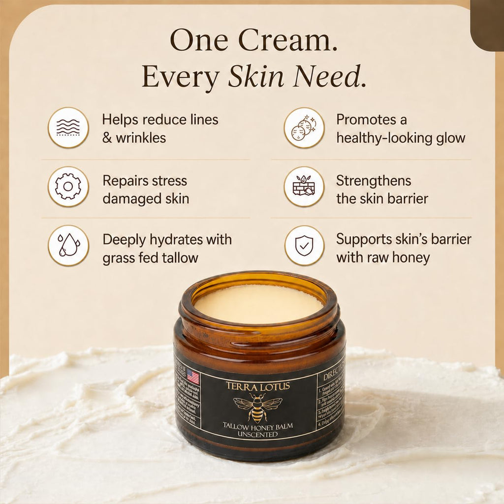 Terra Lotus - Organic Grass-Fed Beef Tallow Balm with Raw Honey - Moisturizing Cream - Handmade All-Natural Moisturizer (2 Oz, Unscented)