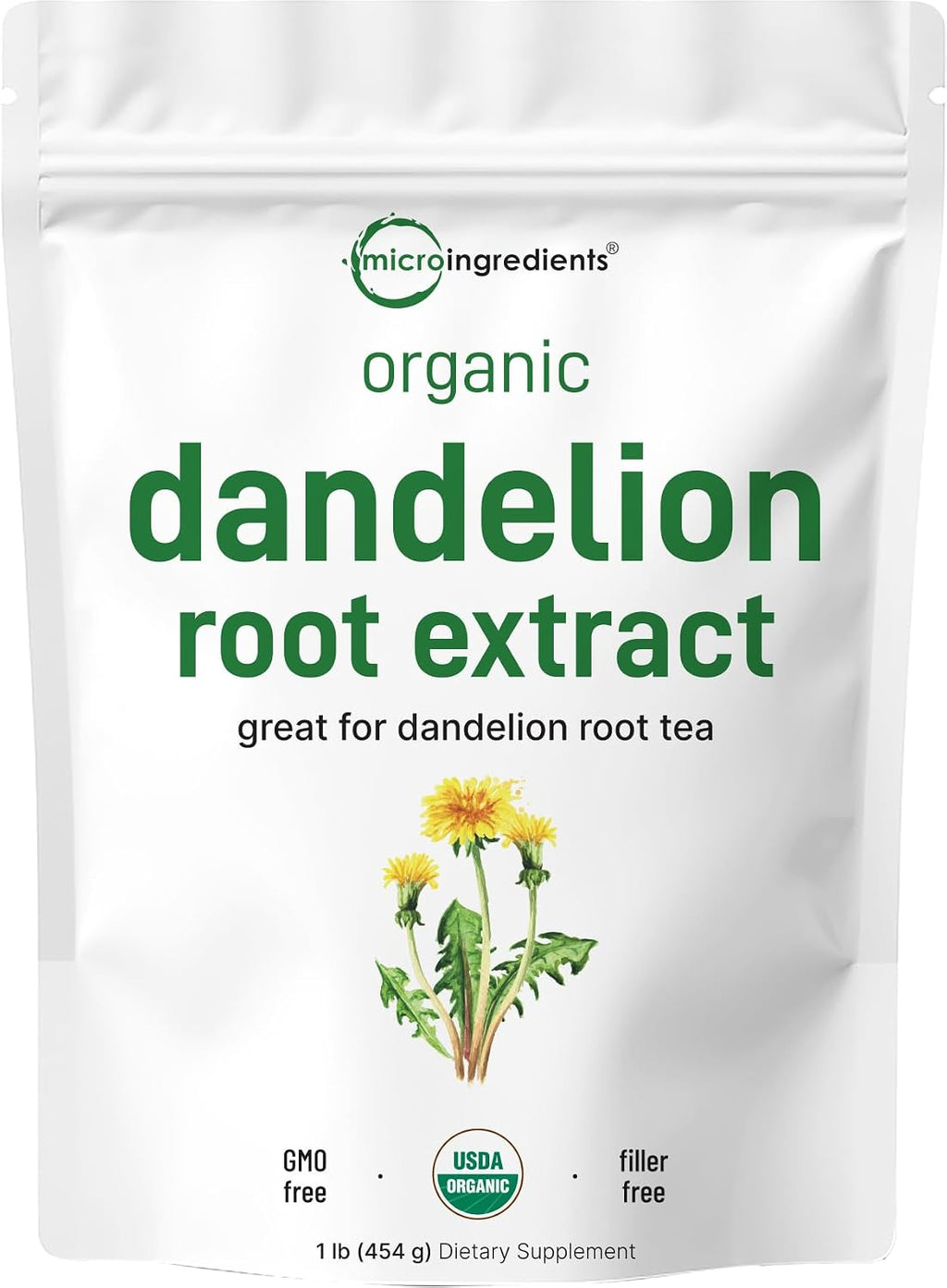 Micro Ingredients Organic Dandelion Root Extract Powder, 1lb | Up to 454 Servings | Great for Dandelion Root Tea, Beverages & Recipes | USDA Organic, Non-GMO, Caffeine Free, Filler Free