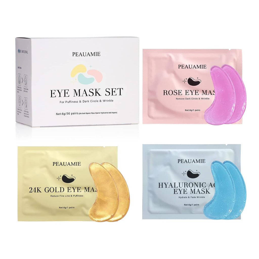 PEAUAMIE Under Eye Patches Gold and Hyaluronic Acid for puffy eyes,Rose Eye Masks for Dark Circles and Puffiness skin care Smooth Wrinkles products 30 Pairs