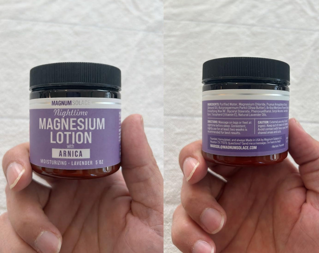 Magnum Solace Nighttime Magnesium Lotion with Arnica – Highly Concentrated Magnesium for Muscles & Joints – Apply to Legs or Feet Before Bed – Skin-Friendly