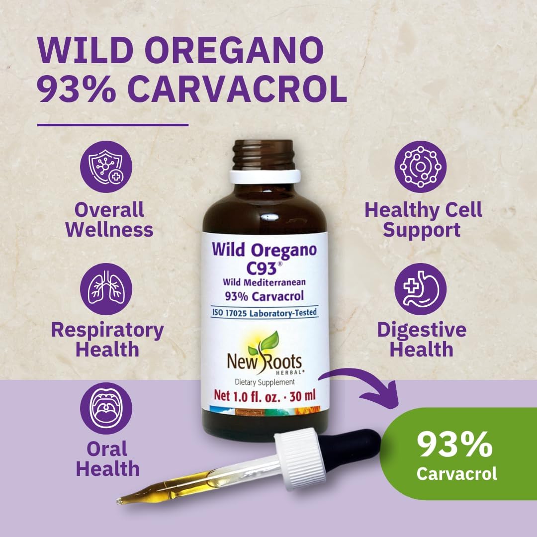 NEW ROOTS HERBAL | Wild Oregano Oil Drops - (547 Servings) | Oil of Oregano Extract with 93% Carvacrol (1 fl oz), Non-GMO