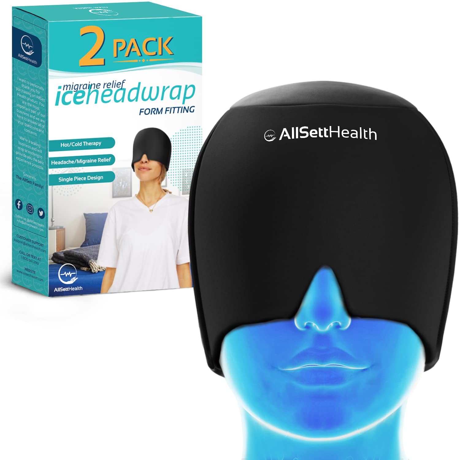 Migraine Relief Cap Ice Head Wrap and Hat | Hot/Cold Gel Pack with Face and Eye Mask Compress for Headache Relief - Black