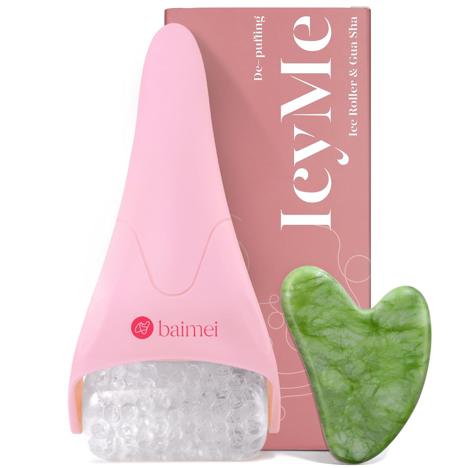 BAIMEI IcyMe Ice Roller for Face & Gua Sha Set, Depuff & Migraine Relief | Cooling Smoothing Guasha Tool for Face & Ice Roller,Daily Beauty Skincare Tool for Home Spa, Self Care Gifts for Women-Pink