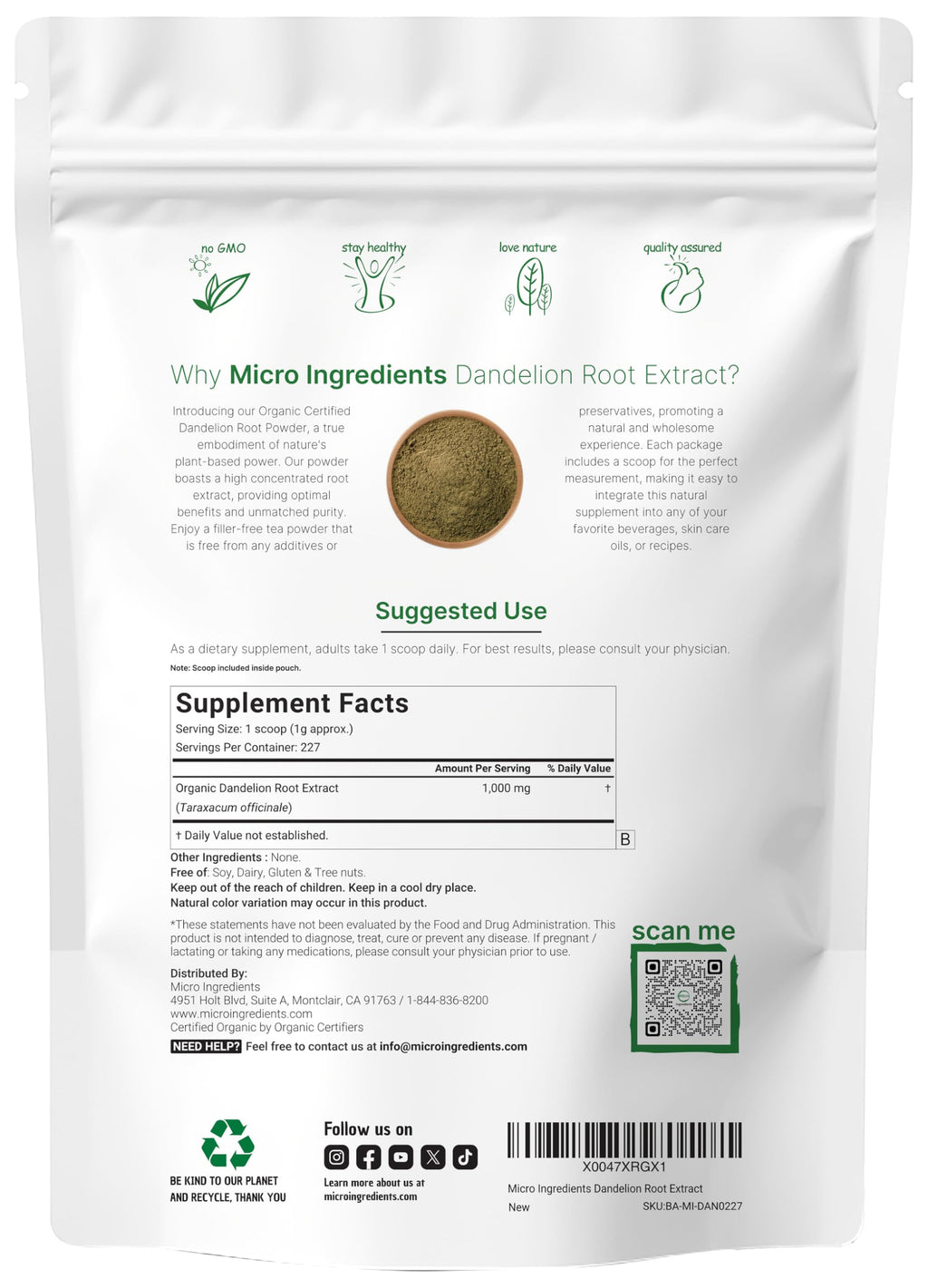 Micro Ingredients Organic Dandelion Root Extract Powder, 1lb | Up to 454 Servings | Great for Dandelion Root Tea, Beverages & Recipes | USDA Organic, Non-GMO, Caffeine Free, Filler Free