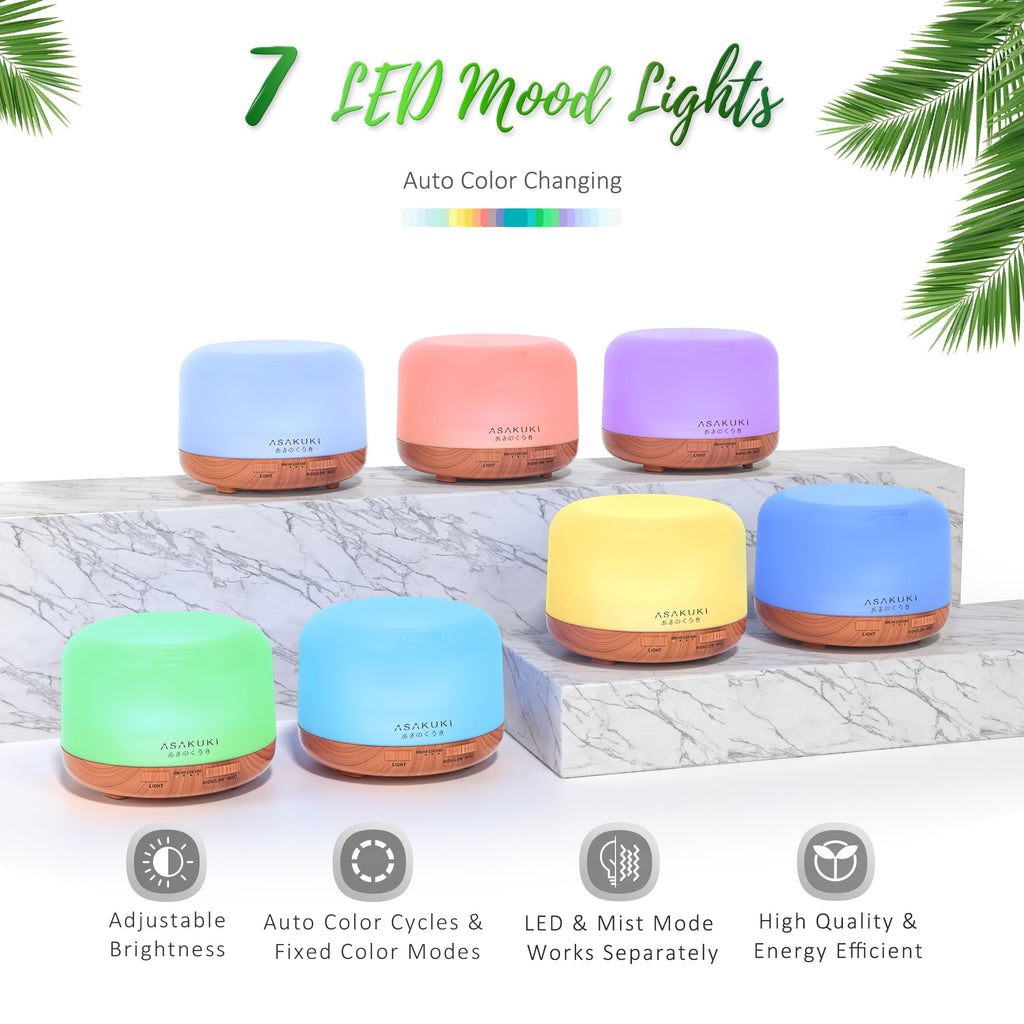 ASAKUKI Essential Oil Diffuser for Home, 500ML Aromatherapy Humidifier | with Remote Control, 7 Color LED Lights, Quiet Cool Mist Diffuser for Bedroom, Living Room, Office (Yellow)