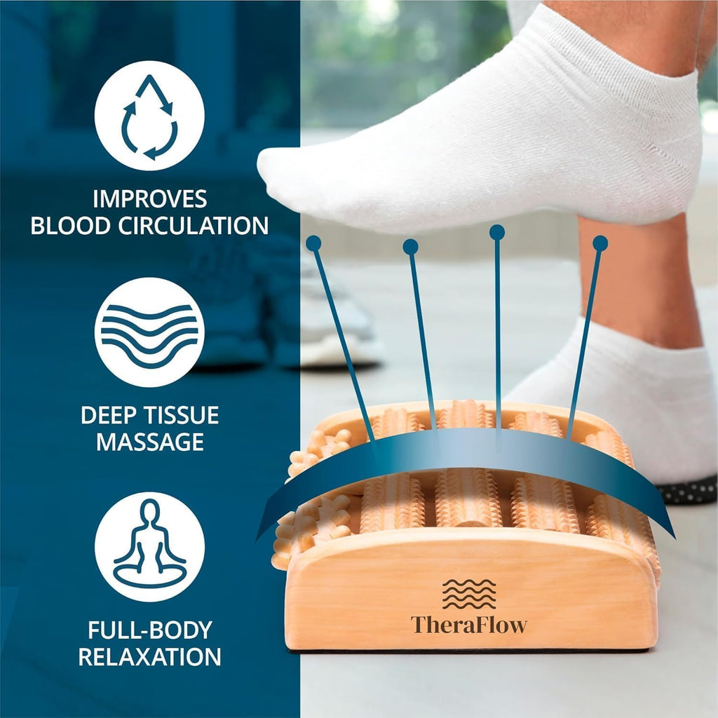 TheraFlow Foot Roller for Plantar Fasciitis Relief and Neuropathy Pain Relief for Feet - Wooden Foot Massager Roller Acupressure Tool with Reflexology Chart - Mom Gifts for Women and Men