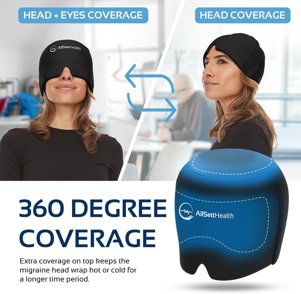 Migraine Relief Cap Ice Head Wrap and Hat | Hot/Cold Gel Pack with Face and Eye Mask Compress for Headache Relief - Black