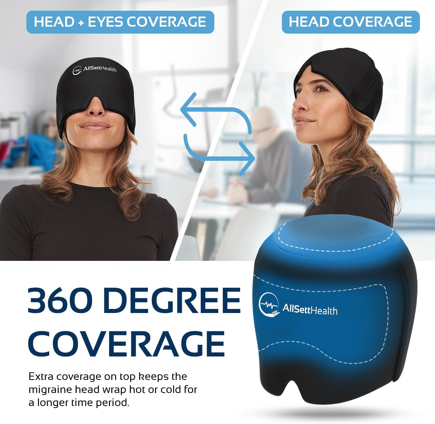 Migraine Relief Cap Ice Head Wrap and Hat | Hot/Cold Gel Pack with Face and Eye Mask Compress for Headache Relief - Black