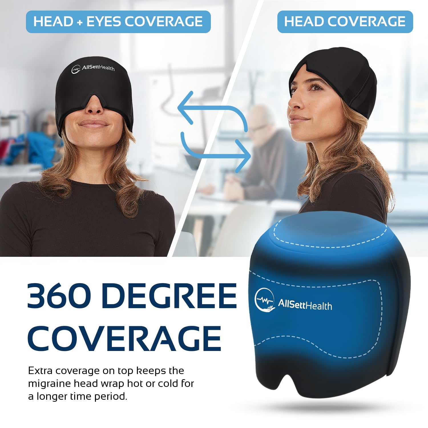 Migraine Relief Cap Ice Head Wrap and Hat | Hot/Cold Gel Pack with Face and Eye Mask Compress for Headache Relief - Black