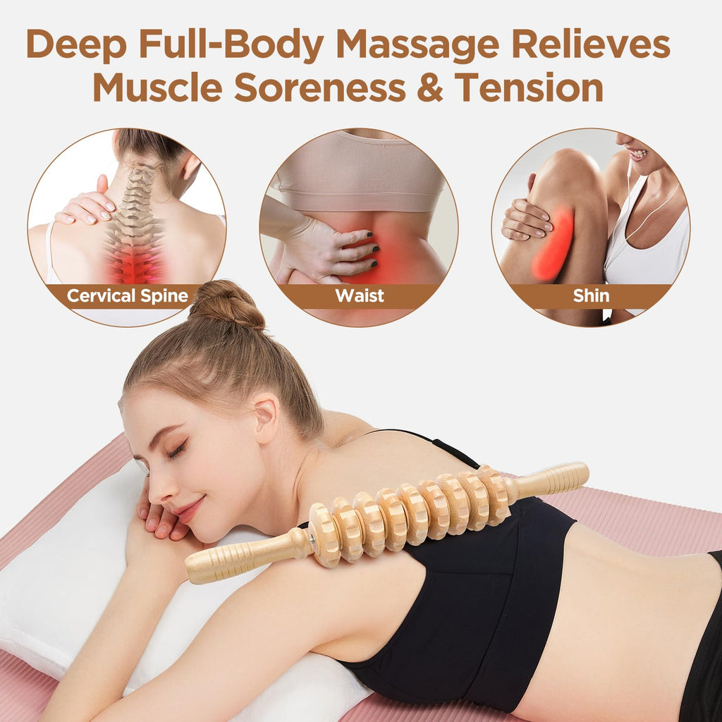 Wooden Cellulite Massage Roller for Legs and Thighs - Handheld Fascia Blaster Tool for Muscle Relief, Lymphatic Drainage & Body Sculpting - Anti Cellulite Massager for Women and Men (12 Wheel)