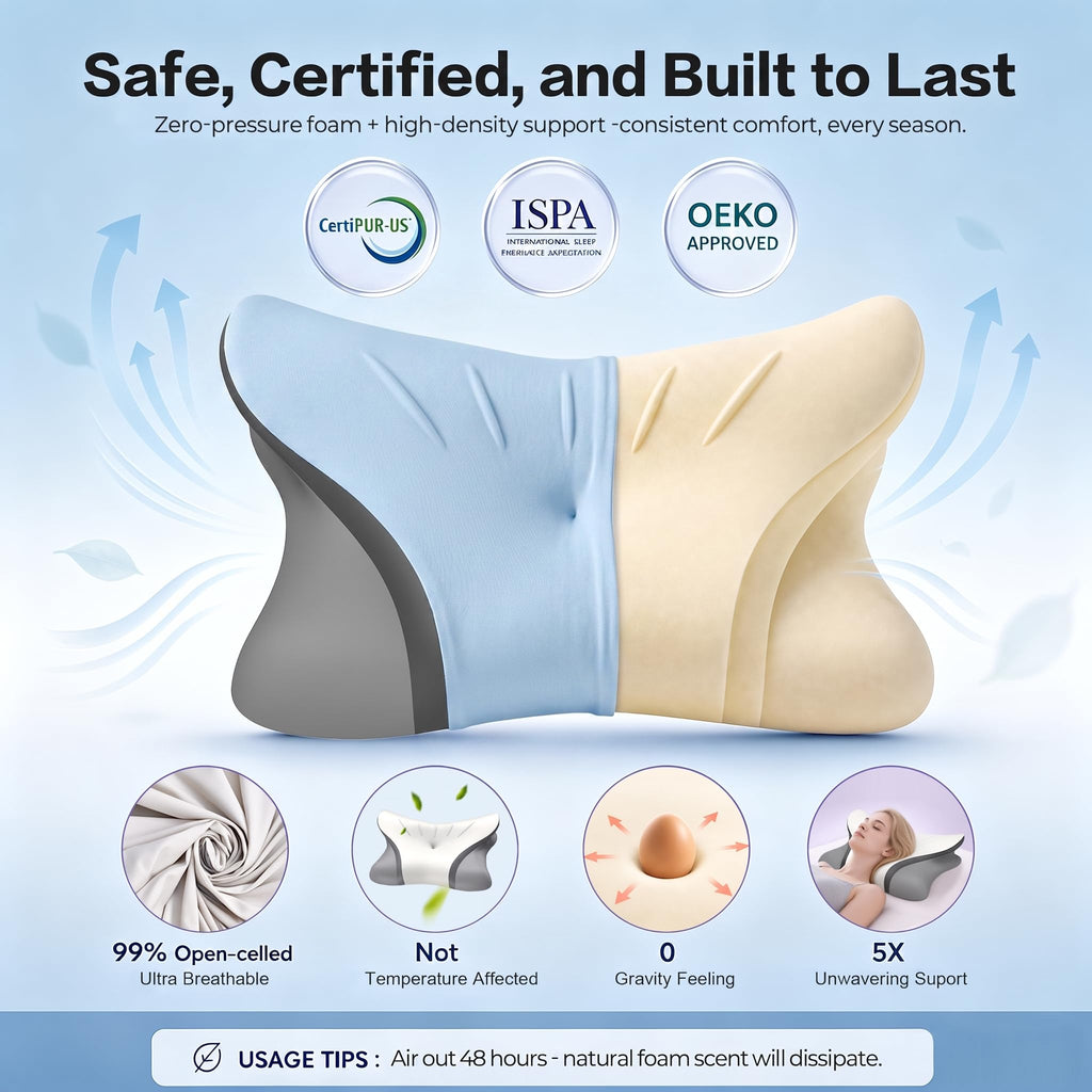 Pain Relief Cervical Neck Pillow, Ergonomic Contour | Q-Max Cooling | Non-Temperature Memory Foam | Side/Back/Stomach Sleeper Support for Sleeping, Reading, Scrolling (Light Grey & Dark Grey)