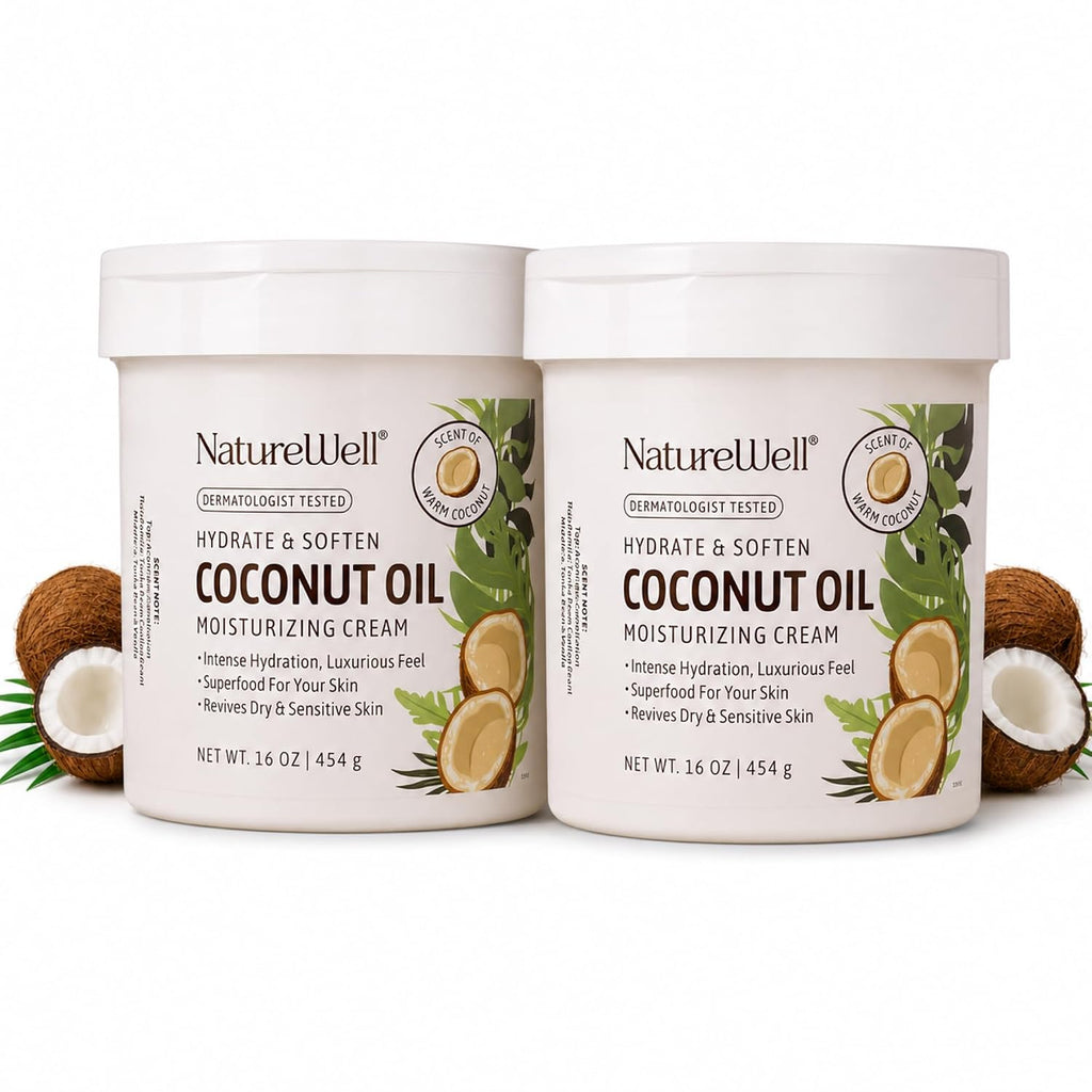 NATURE WELL Coconut Oil Moisturizing Cream for Dry Skin – Deep Hydration Lotion for Face, Body & Hands, Spa Quality Skincare, Softens & Smooths, Non-Greasy, Fast Absorbing, Scented, 16 Oz (Pack of 2)