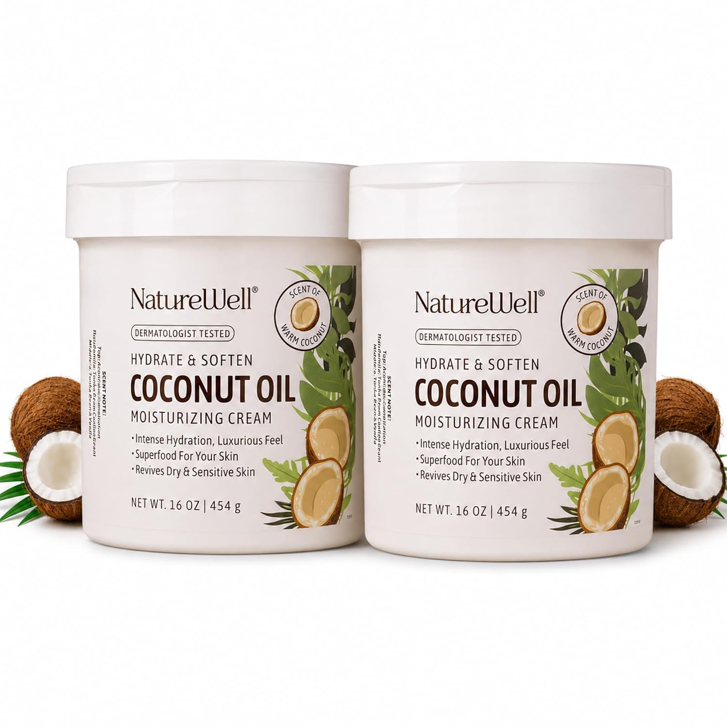 NATURE WELL Coconut Oil Moisturizing Cream for Dry Skin – Deep Hydration Lotion for Face, Body & Hands, Spa Quality Skincare, Softens & Smooths, Non-Greasy, Fast Absorbing, Scented, 16 Oz (Pack of 2)