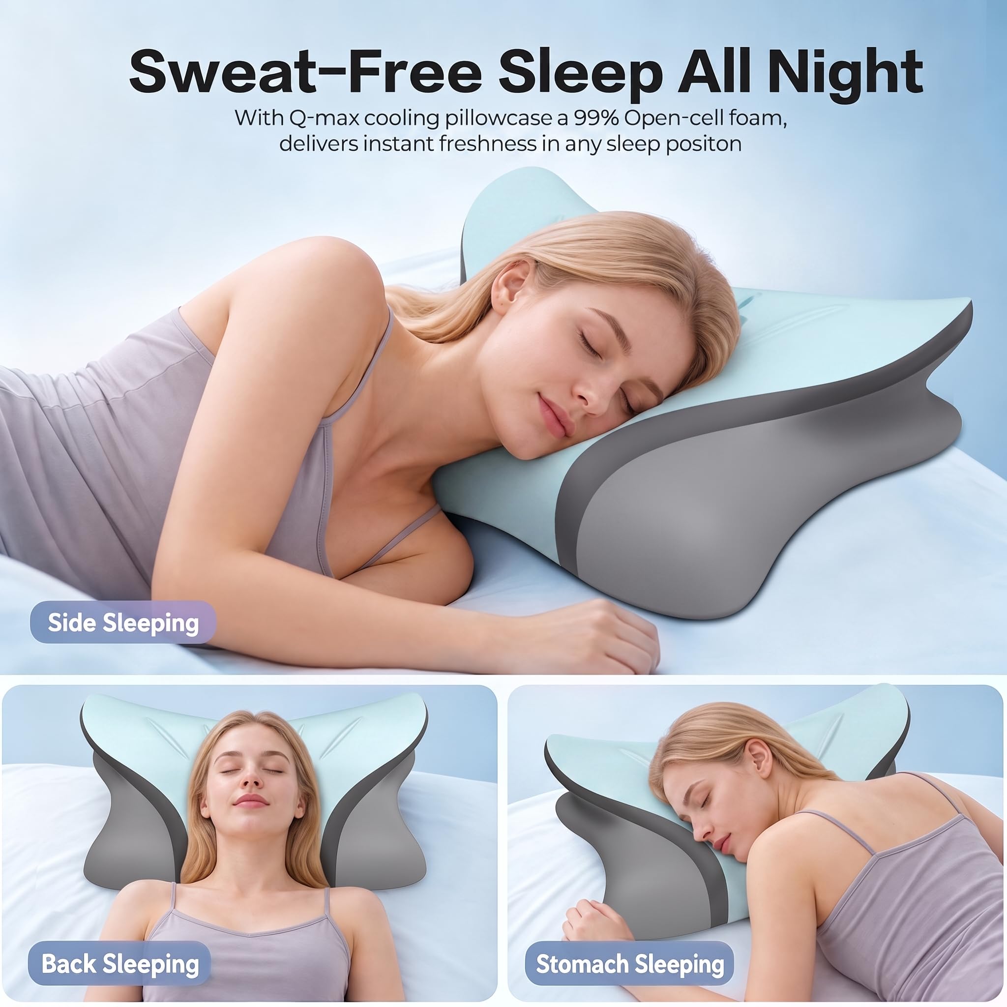Pain Relief Cervical Neck Pillow, Ergonomic Contour | Q-Max Cooling | Non-Temperature Memory Foam | Side/Back/Stomach Sleeper Support for Sleeping, Reading, Scrolling (Light Grey & Dark Grey)