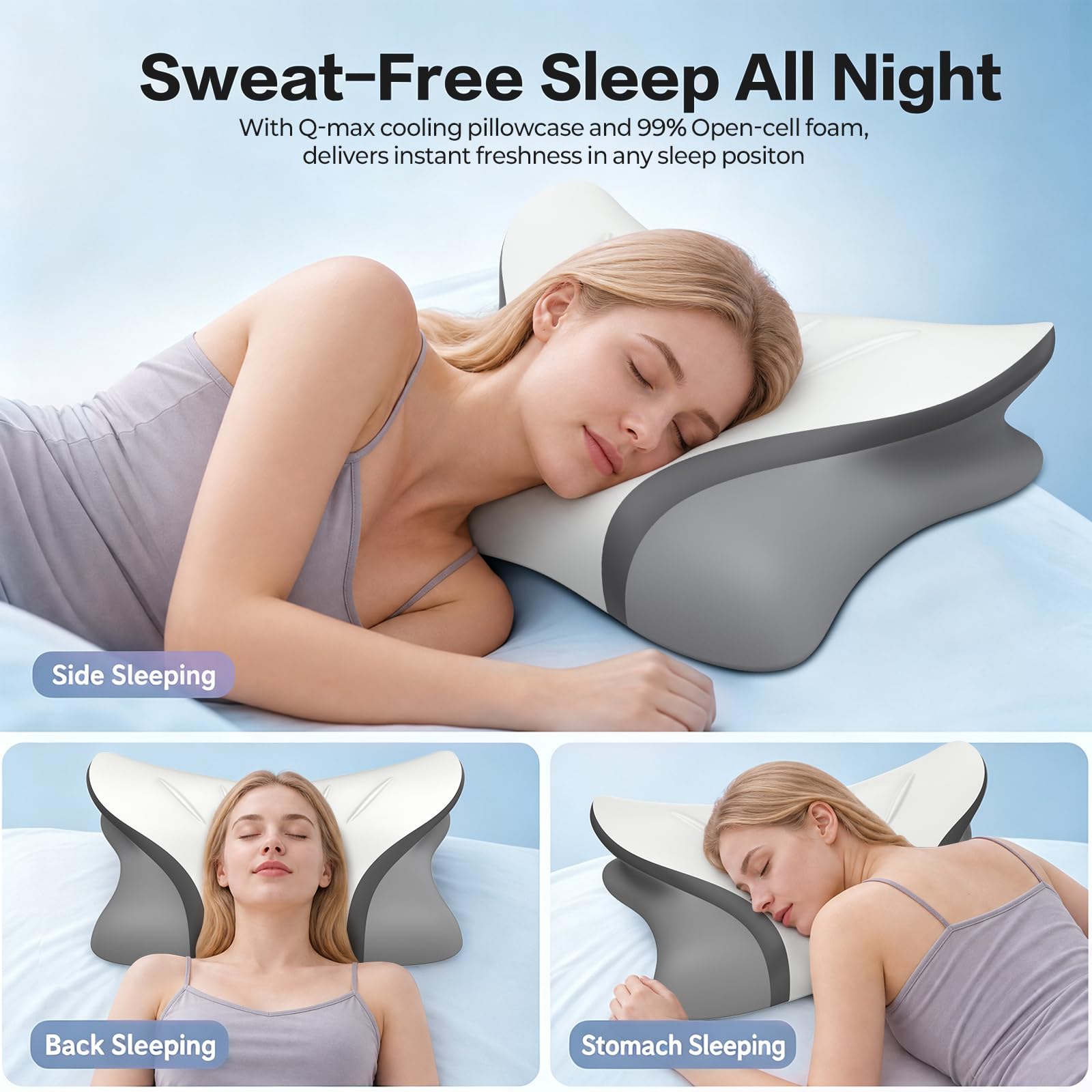Pain Relief Cervical Neck Pillow, Ergonomic Contour | Q-Max Cooling | Non-Temperature Memory Foam | Side/Back/Stomach Sleeper Support for Sleeping, Reading, Scrolling (Light Grey & Dark Grey)