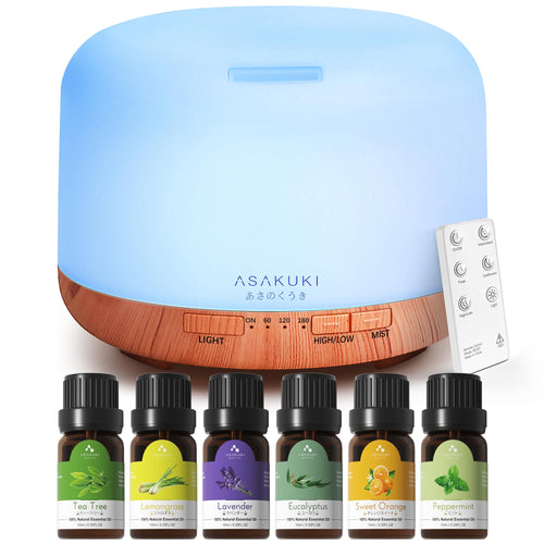 ASAKUKI Essential Oil Diffuser for Home, 500ML Aromatherapy Humidifier | with Remote Control, 7 Color LED Lights, Quiet Cool Mist Diffuser for Bedroom, Living Room, Office (Yellow)