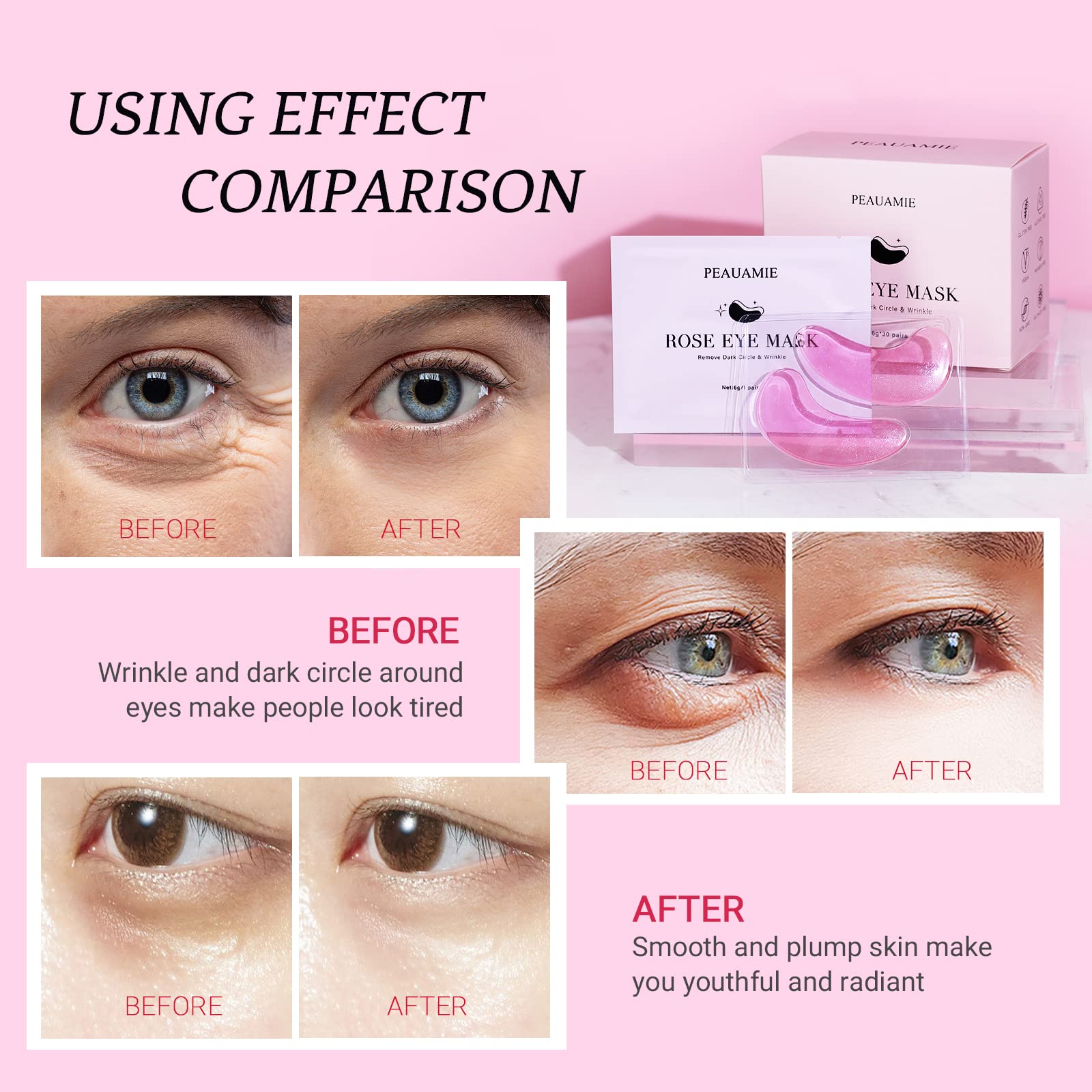 PEAUAMIE Under Eye Patches Gold and Hyaluronic Acid for puffy eyes,Rose Eye Masks for Dark Circles and Puffiness skin care Smooth Wrinkles products 30 Pairs