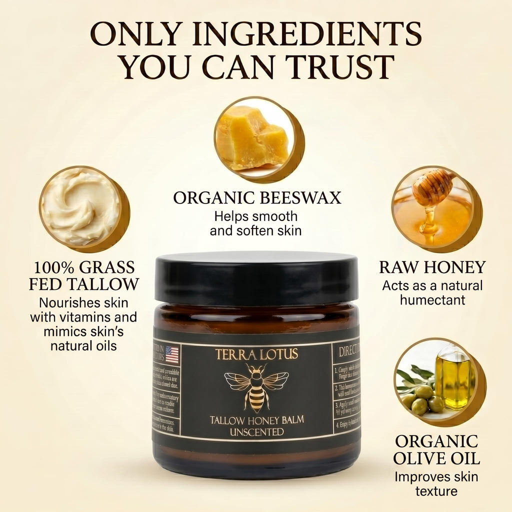 Terra Lotus - Organic Grass-Fed Beef Tallow Balm with Raw Honey - Moisturizing Cream - Handmade All-Natural Moisturizer (2 Oz, Unscented)