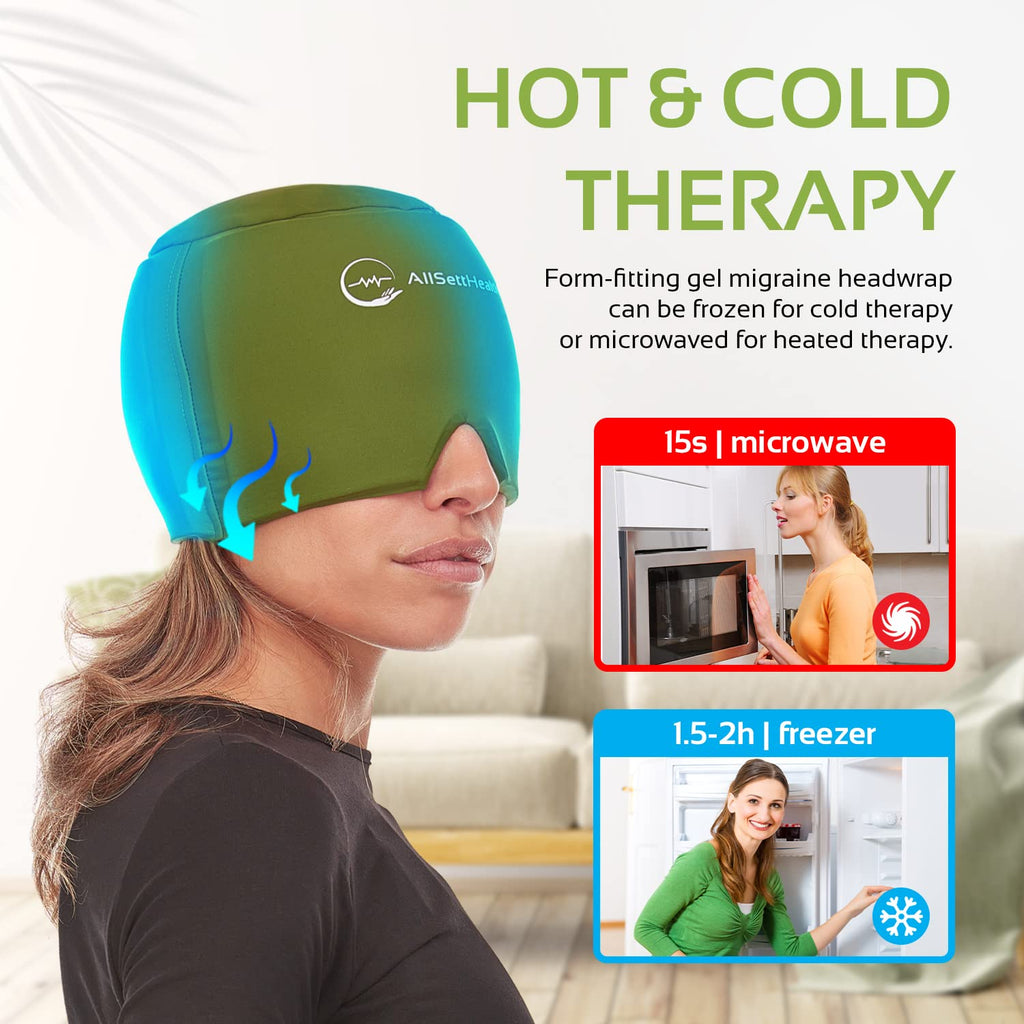 Migraine Relief Cap Ice Head Wrap and Hat | Hot/Cold Gel Pack with Face and Eye Mask Compress for Headache Relief - Black