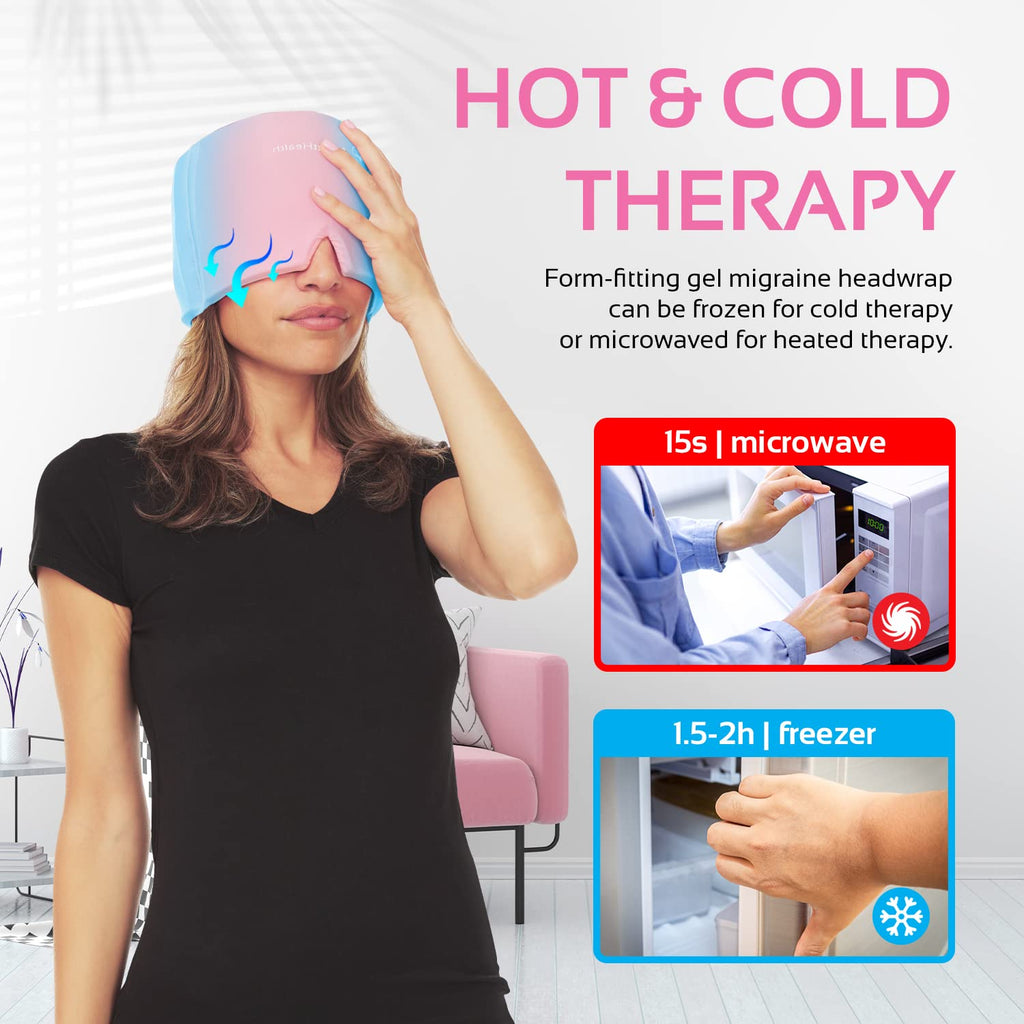 Migraine Relief Cap Ice Head Wrap and Hat | Hot/Cold Gel Pack with Face and Eye Mask Compress for Headache Relief - Black