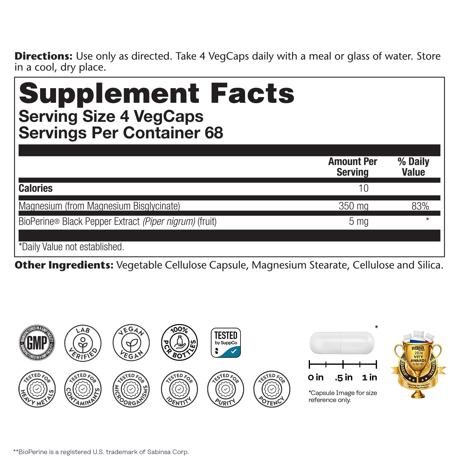 SOLARAY Enhanced Absorption Magnesium Glycinate 350 mg, 120 VegCaps | Muscle, Bone & Heart Support, Chelated Magnesium Bisglycinate with BioPerine, 30 Servings, Vegan, Lab Verified