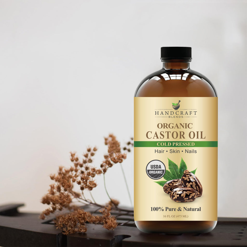 Handcraft Blends Cold-Pressed Organic Castor Oil 16 Fl Oz | Glass Bottle | Roll on Bottle | 100% Pure and Natural | Premium Grade Carrier Oil | Hair, Eyelashes and Eyebrows | Hair and Body