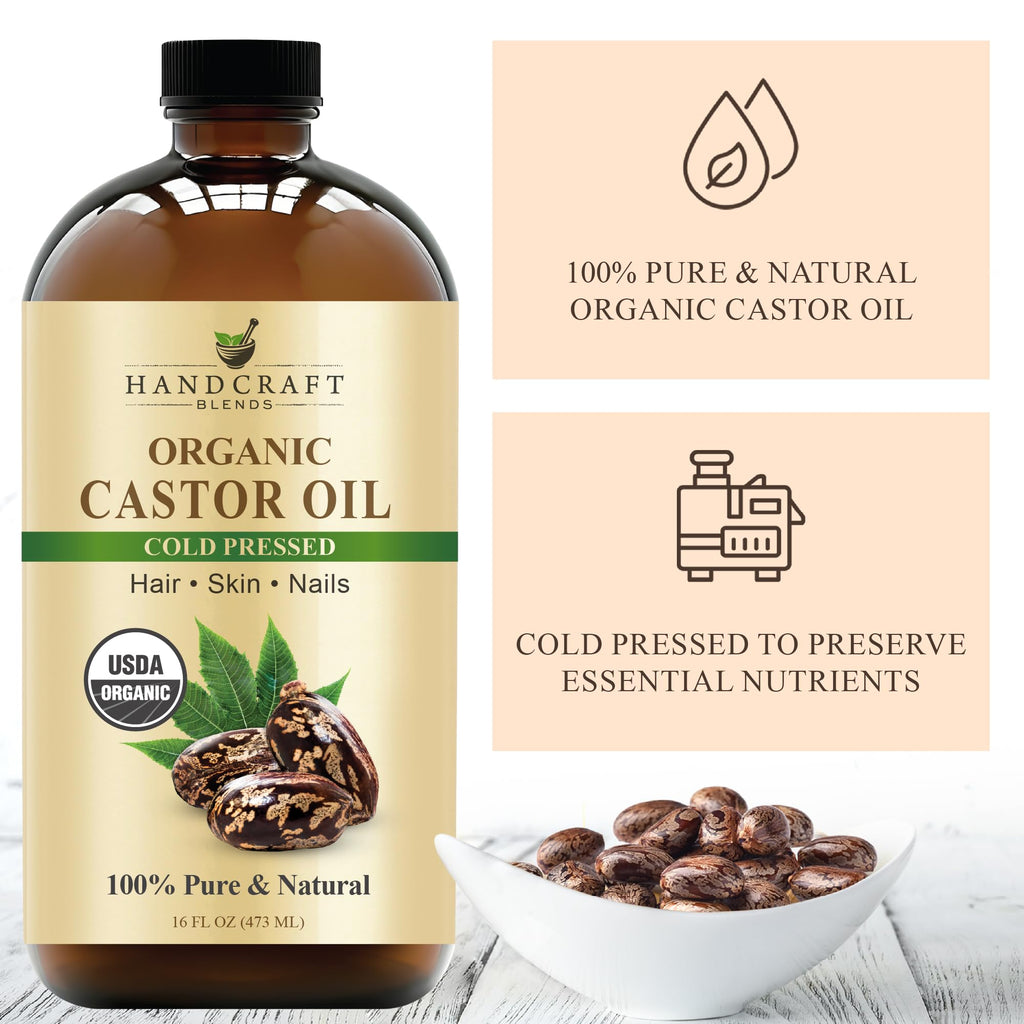Handcraft Blends Cold-Pressed Organic Castor Oil 16 Fl Oz | Glass Bottle | Roll on Bottle | 100% Pure and Natural | Premium Grade Carrier Oil | Hair, Eyelashes and Eyebrows | Hair and Body