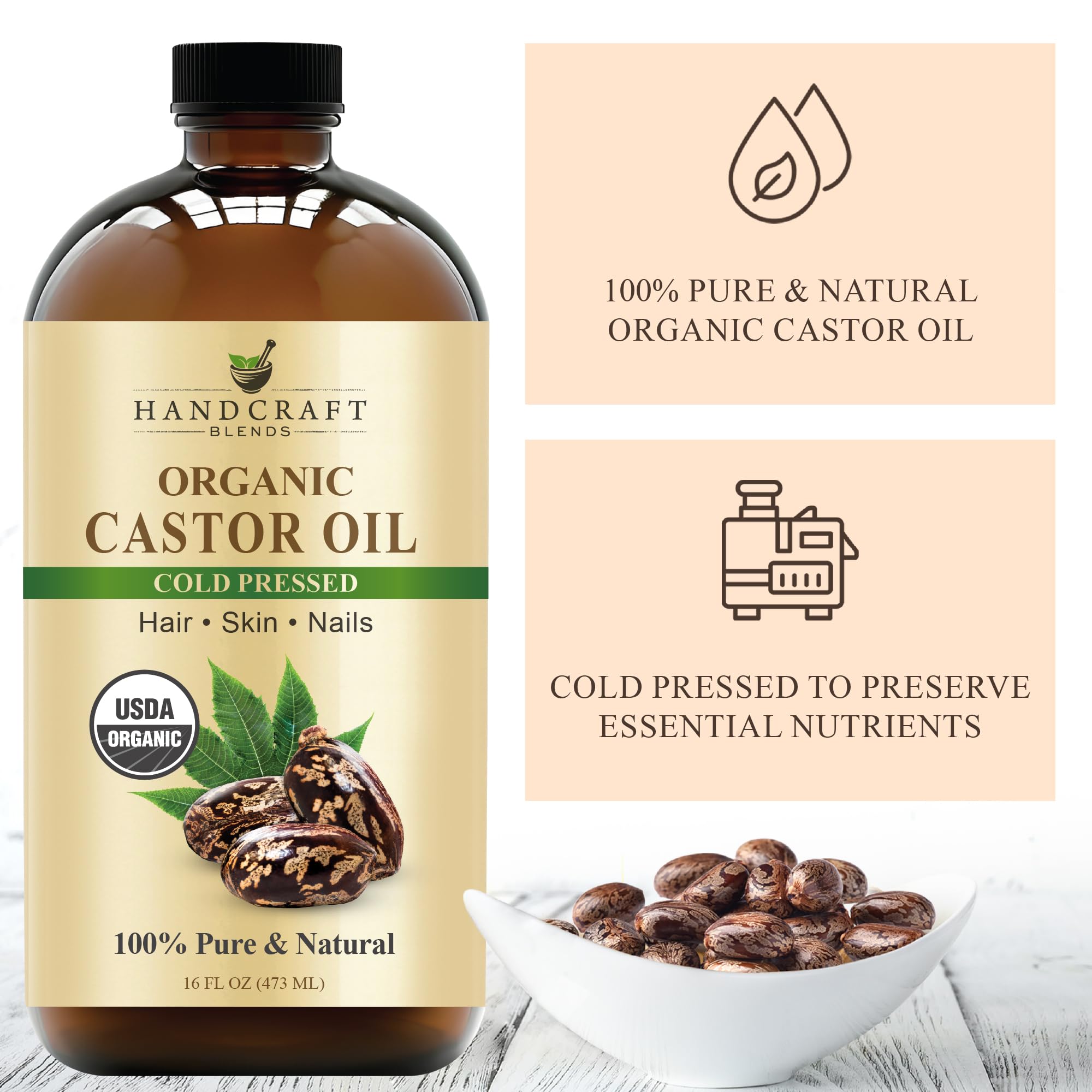 Handcraft Blends Cold-Pressed Organic Castor Oil 16 Fl Oz | Glass Bottle | Roll on Bottle | 100% Pure and Natural | Premium Grade Carrier Oil | Hair, Eyelashes and Eyebrows | Hair and Body