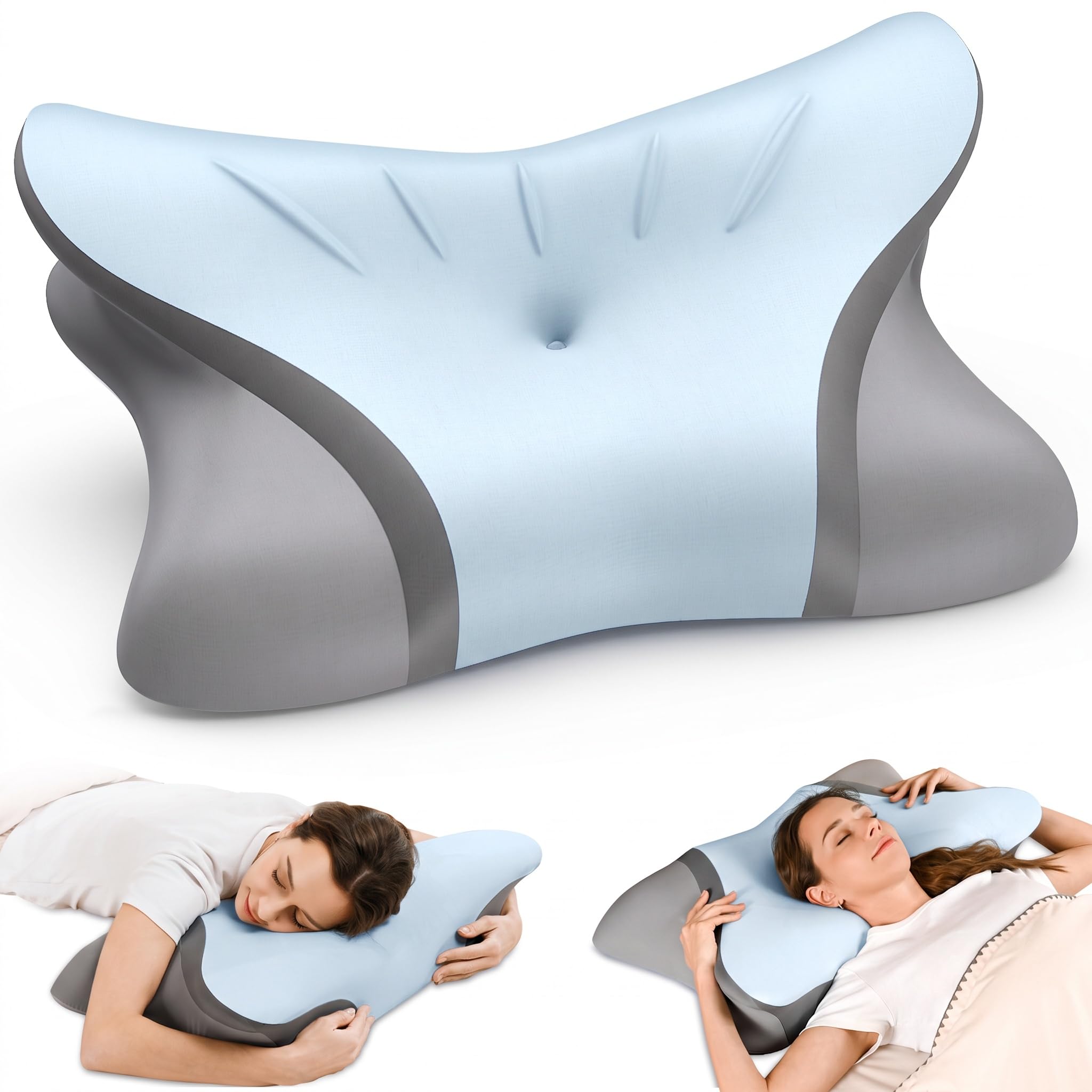 Pain Relief Cervical Neck Pillow, Ergonomic Contour | Q-Max Cooling | Non-Temperature Memory Foam | Side/Back/Stomach Sleeper Support for Sleeping, Reading, Scrolling (Light Grey & Dark Grey)