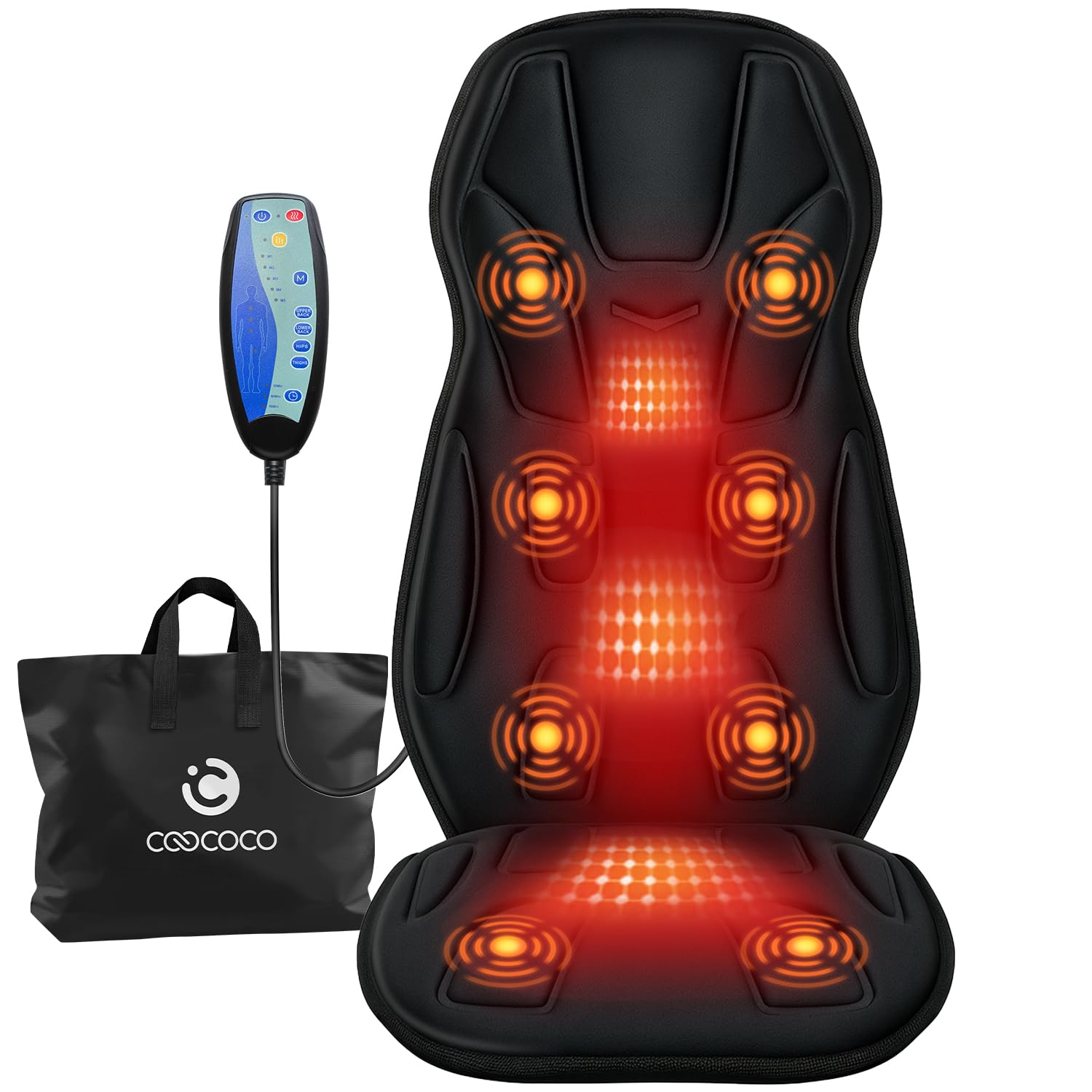 CooCoCo Vibration Back Massager with Heat, 8-Motor Massage Pad for Chair | Massage chair pad with storage bag, 3 heating zones, 5 modes, 3 intensities, foldable, 30/60/90-min timer for home office use