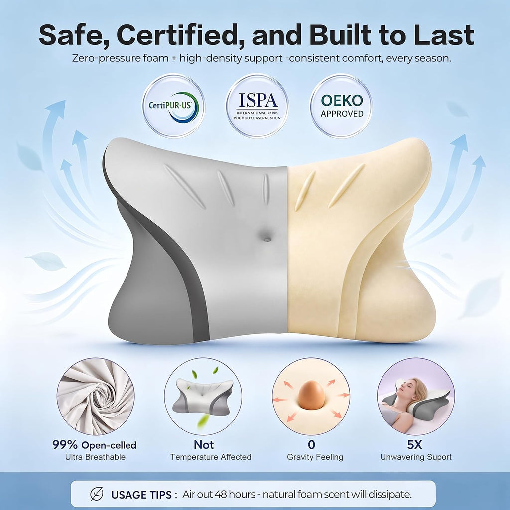 Pain Relief Cervical Neck Pillow, Ergonomic Contour | Q-Max Cooling | Non-Temperature Memory Foam | Side/Back/Stomach Sleeper Support for Sleeping, Reading, Scrolling (Light Grey & Dark Grey)