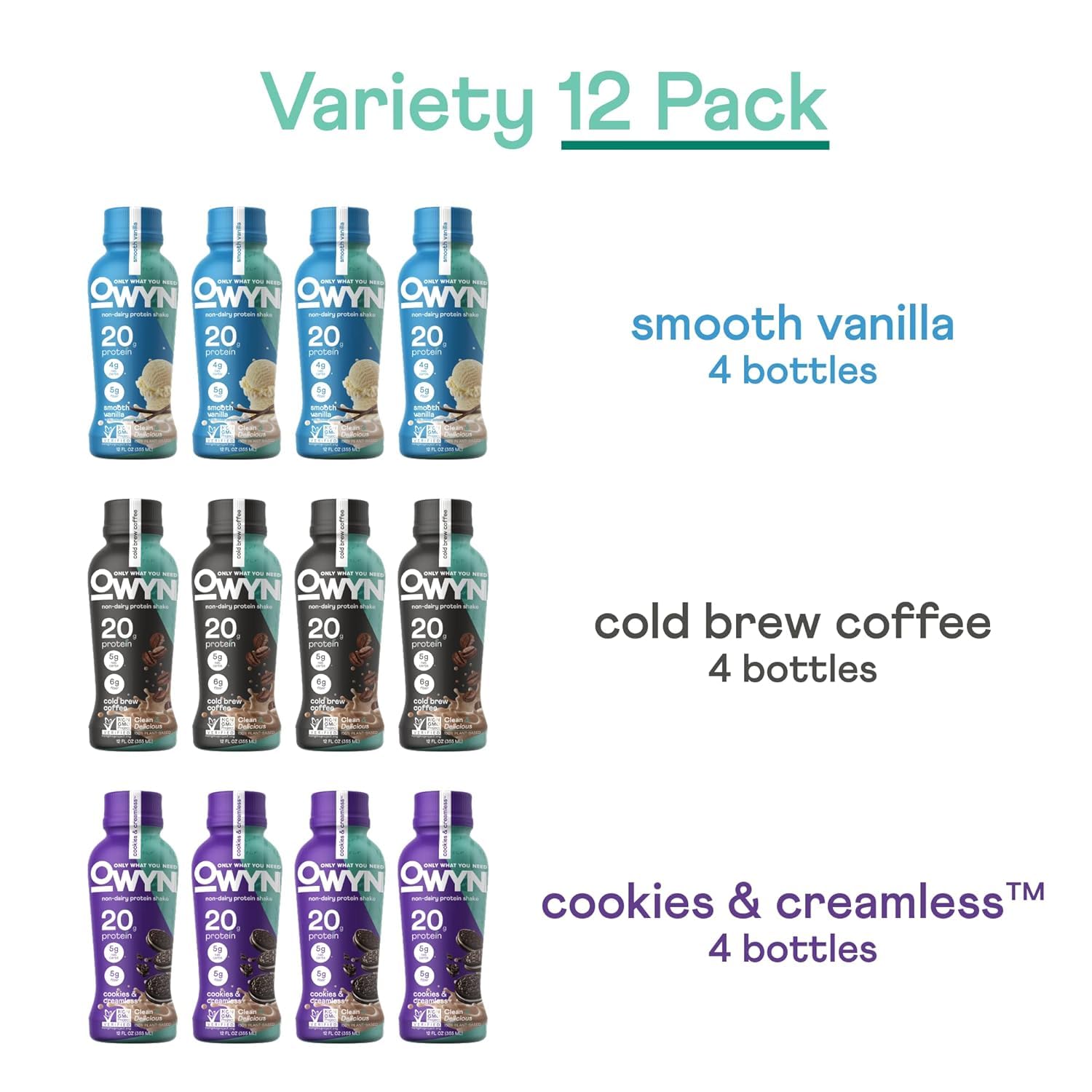 OWYN Only What You Need Dark Chocolate Flavored 20g Protein Shake, 12 Ct | 20g Protein, 4g Sugar, 3g Prebiotic Fiber, Dairy Free, Plant Protein, Gluten Free, Individual 12fl oz Bottles