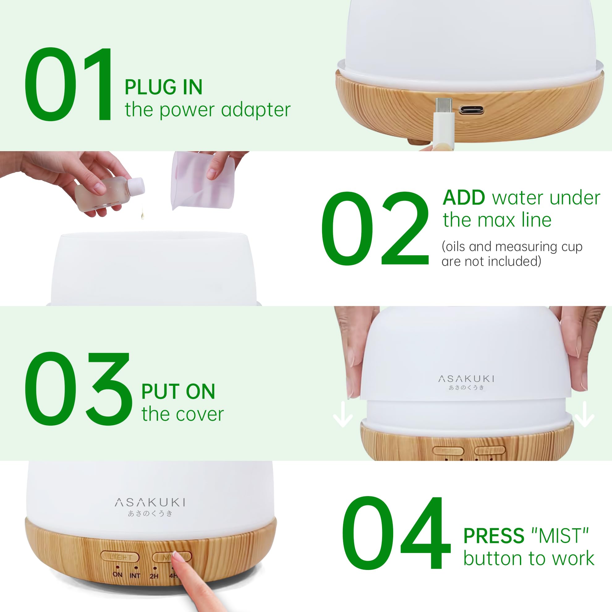 ASAKUKI Essential Oil Diffuser for Home, 500ML Aromatherapy Humidifier | with Remote Control, 7 Color LED Lights, Quiet Cool Mist Diffuser for Bedroom, Living Room, Office (Yellow)