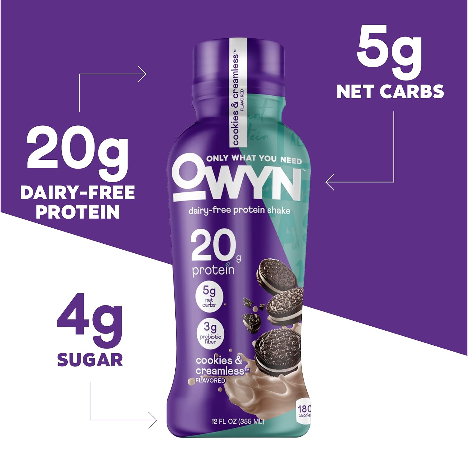 OWYN Only What You Need Dark Chocolate Flavored 20g Protein Shake, 12 Ct | 20g Protein, 4g Sugar, 3g Prebiotic Fiber, Dairy Free, Plant Protein, Gluten Free, Individual 12fl oz Bottles