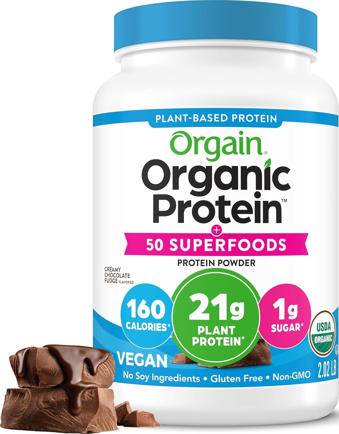 Orgain Organic Vegan 21g Protein + Superfoods Powder, Chocolate, 2.02lb | Plant based protein, 50 superfoods, 9g prebiotic fiber, gluten free, no added sugar, non-GMO, no lactose ingredients