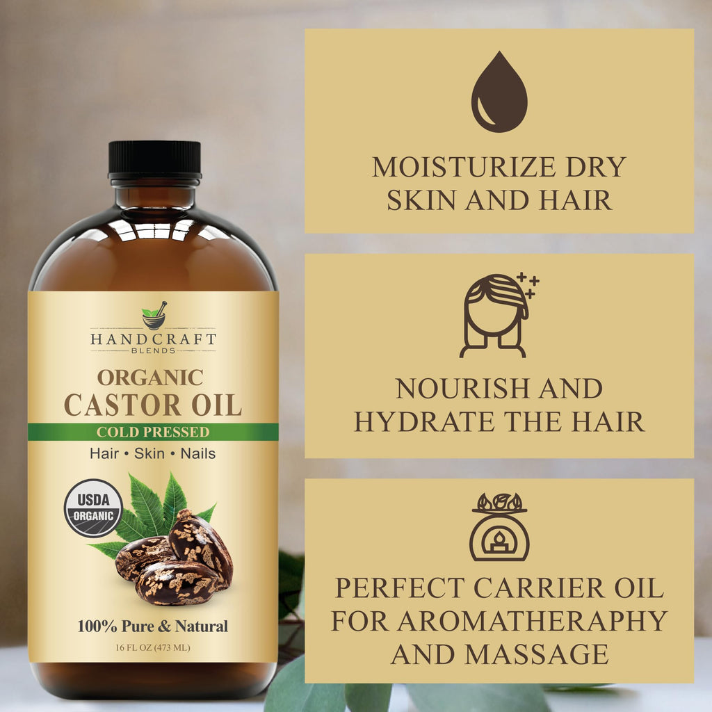 Handcraft Blends Cold-Pressed Organic Castor Oil 16 Fl Oz | Glass Bottle | Roll on Bottle | 100% Pure and Natural | Premium Grade Carrier Oil | Hair, Eyelashes and Eyebrows | Hair and Body