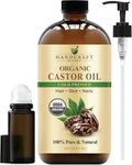Handcraft Blends Cold-Pressed Organic Castor Oil 16 Fl Oz | Glass Bottle | Roll on Bottle | 100% Pure and Natural | Premium Grade Carrier Oil | Hair, Eyelashes and Eyebrows | Hair and Body