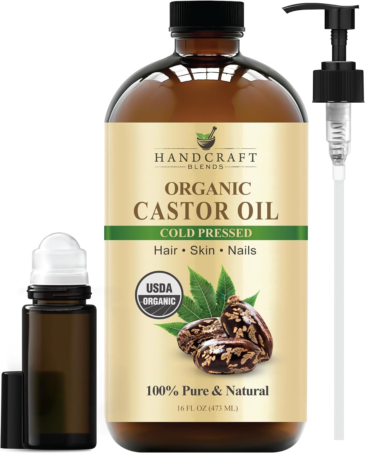 Handcraft Blends Cold-Pressed Organic Castor Oil 16 Fl Oz | Glass Bottle | Roll on Bottle | 100% Pure and Natural | Premium Grade Carrier Oil | Hair, Eyelashes and Eyebrows | Hair and Body