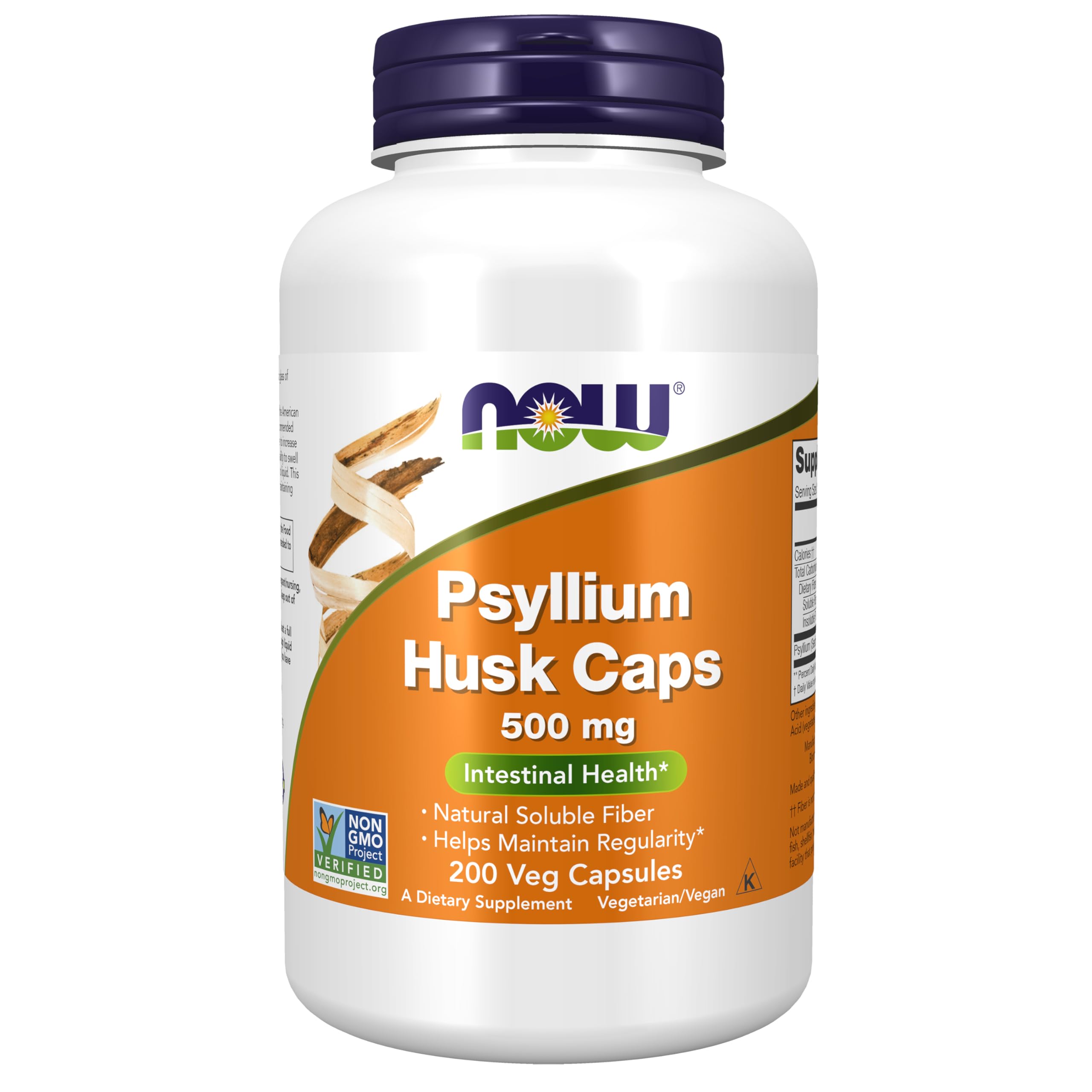 NOW Foods Supplements, Psyllium Husk Caps 500 mg, Non-GMO Project Verified, Natural Soluble Fiber, Intestinal Health*, 500 Veg Capsules