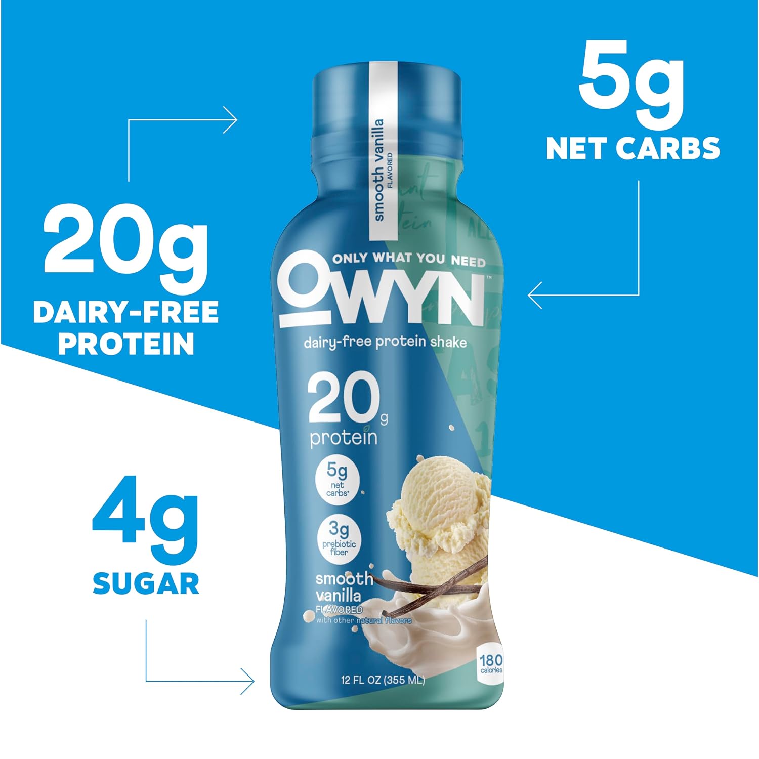 OWYN Only What You Need Dark Chocolate Flavored 20g Protein Shake, 12 Ct | 20g Protein, 4g Sugar, 3g Prebiotic Fiber, Dairy Free, Plant Protein, Gluten Free, Individual 12fl oz Bottles