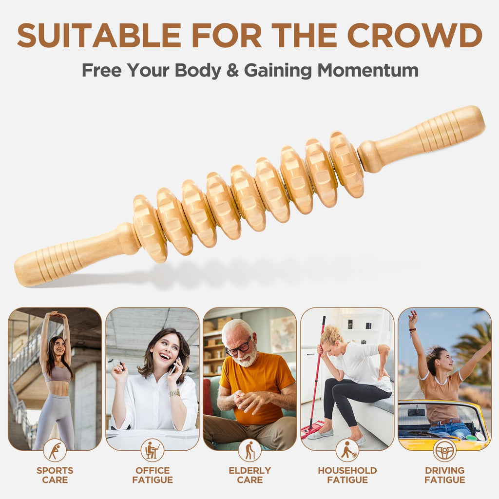 Wooden Cellulite Massage Roller for Legs and Thighs - Handheld Fascia Blaster Tool for Muscle Relief, Lymphatic Drainage & Body Sculpting - Anti Cellulite Massager for Women and Men (12 Wheel)