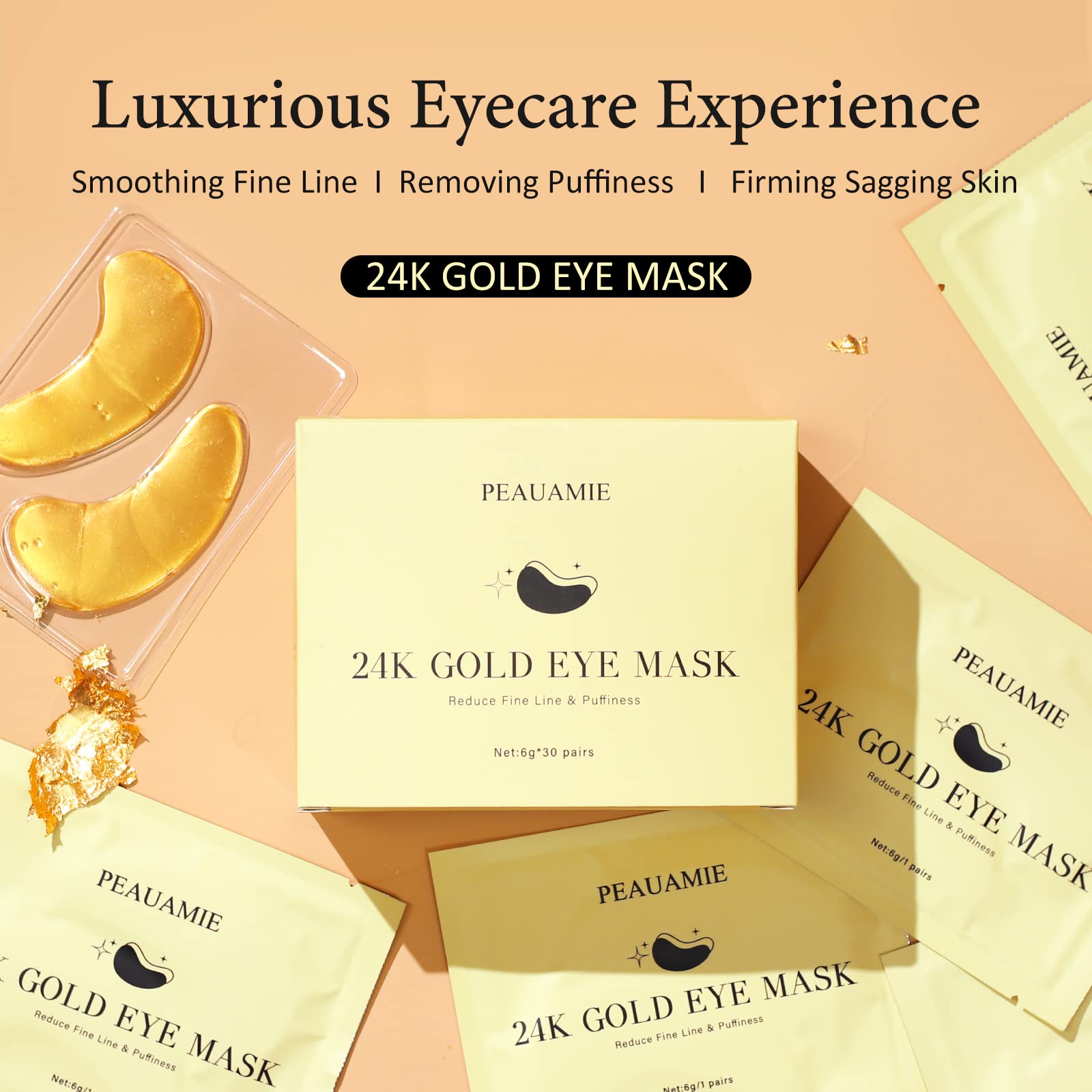 PEAUAMIE Under Eye Patches Gold and Hyaluronic Acid for puffy eyes,Rose Eye Masks for Dark Circles and Puffiness skin care Smooth Wrinkles products 30 Pairs