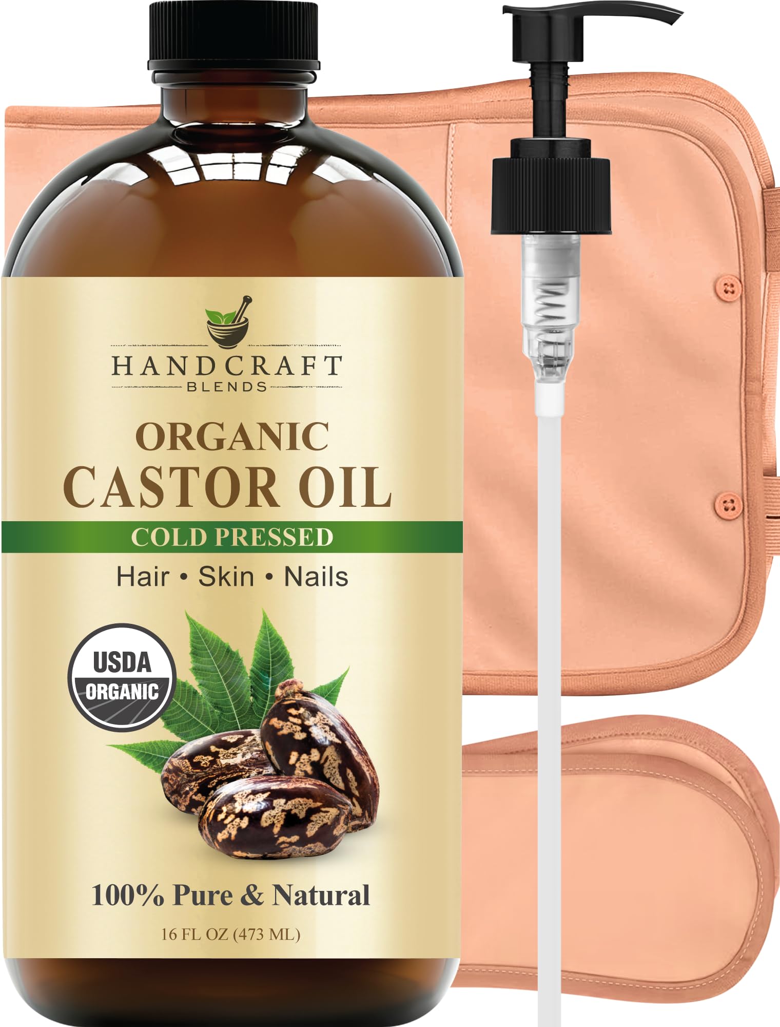 Handcraft Blends Cold-Pressed Organic Castor Oil 16 Fl Oz | Glass Bottle | Roll on Bottle | 100% Pure and Natural | Premium Grade Carrier Oil | Hair, Eyelashes and Eyebrows | Hair and Body