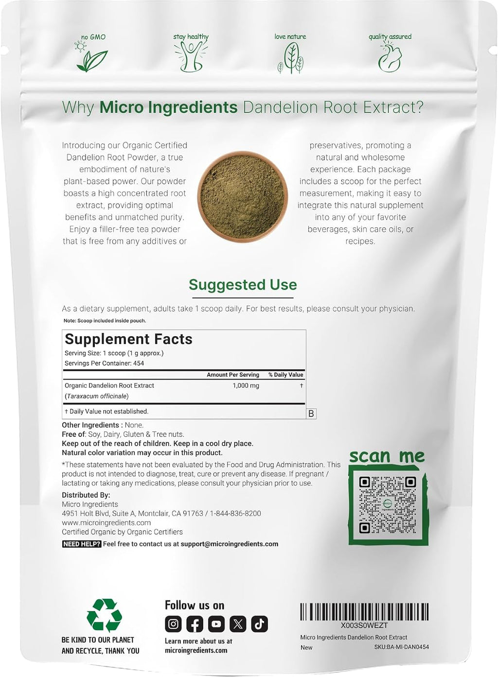 Micro Ingredients Organic Dandelion Root Extract Powder, 1lb | Up to 454 Servings | Great for Dandelion Root Tea, Beverages & Recipes | USDA Organic, Non-GMO, Caffeine Free, Filler Free