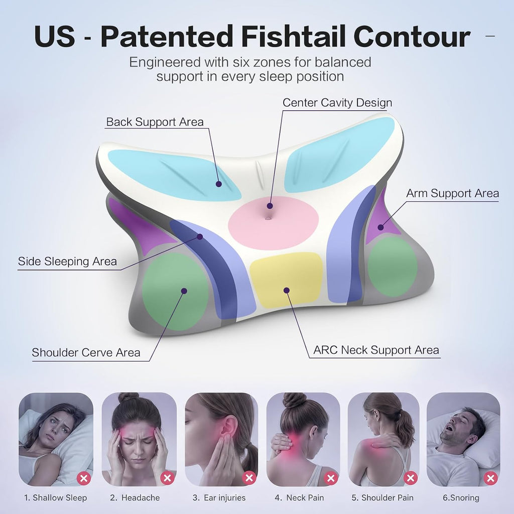 Pain Relief Cervical Neck Pillow, Ergonomic Contour | Q-Max Cooling | Non-Temperature Memory Foam | Side/Back/Stomach Sleeper Support for Sleeping, Reading, Scrolling (Light Grey & Dark Grey)