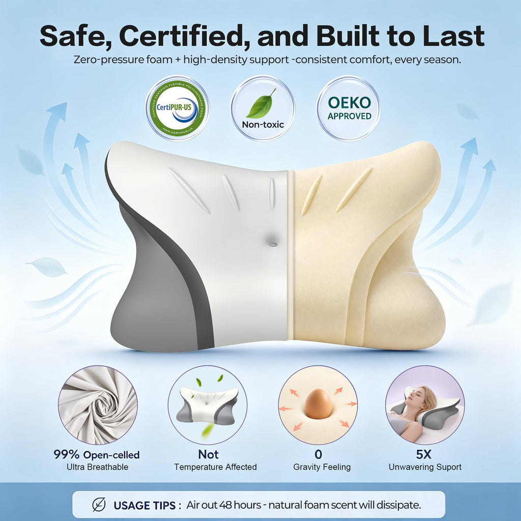Pain Relief Cervical Neck Pillow, Ergonomic Contour | Q-Max Cooling | Non-Temperature Memory Foam | Side/Back/Stomach Sleeper Support for Sleeping, Reading, Scrolling (Light Grey & Dark Grey)